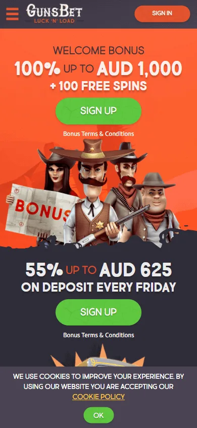 Gunsbet Casino mobile promotions area with available offers