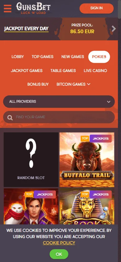 Gunsbet Casino mobile games area with casino categories