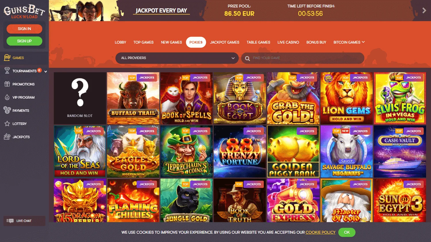 Gunsbet Casino desktop games area with casino categories
