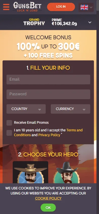 Gunsbet Casino mobile home with welcome offer