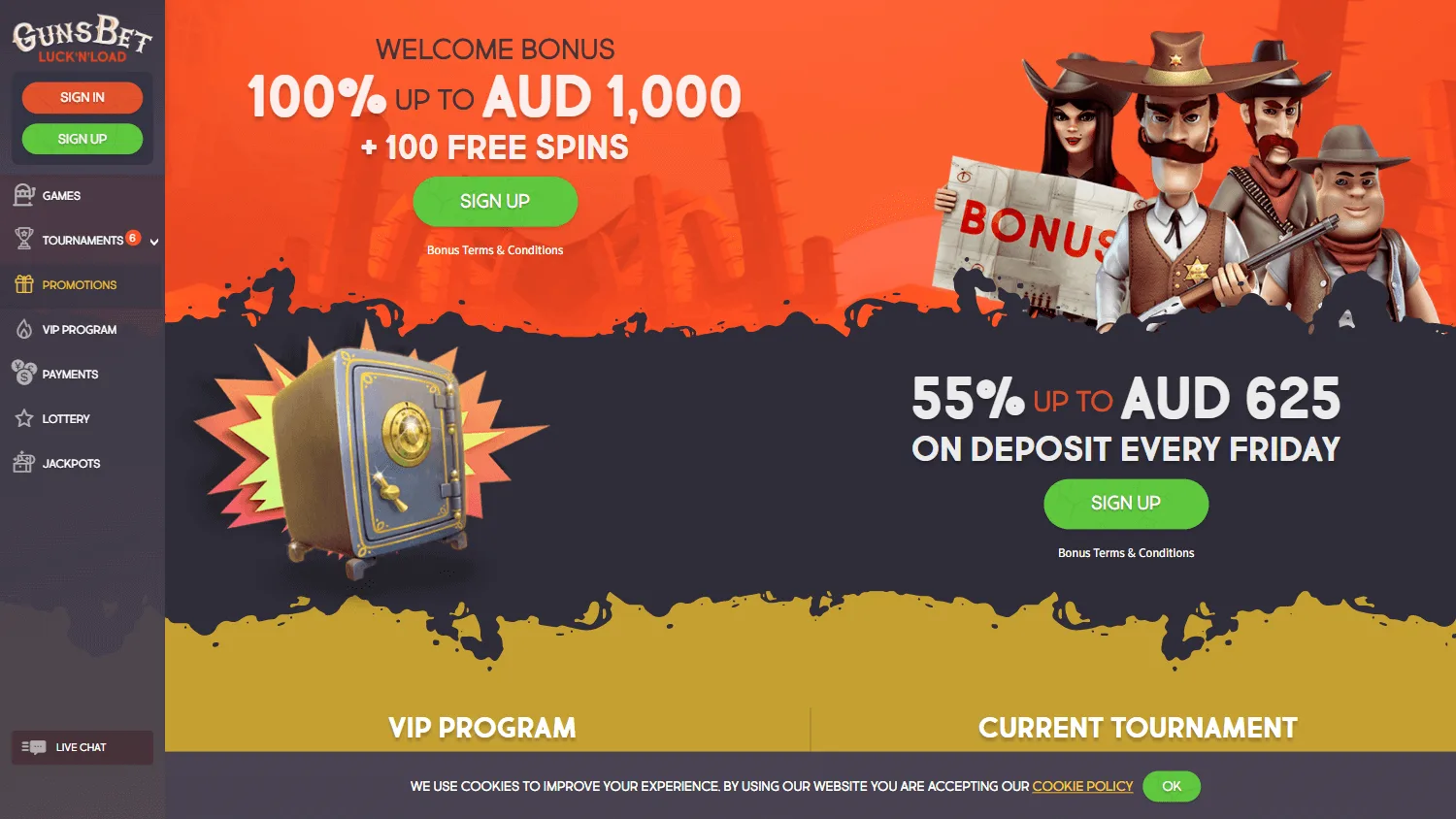 Gunsbet Casino desktop promotions area with welcome and recurring offers