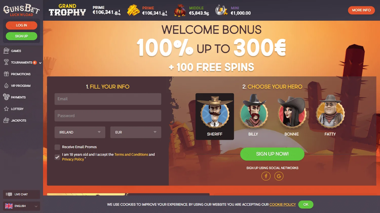 Gunsbet Casino desktop home with welcome offer and casino access